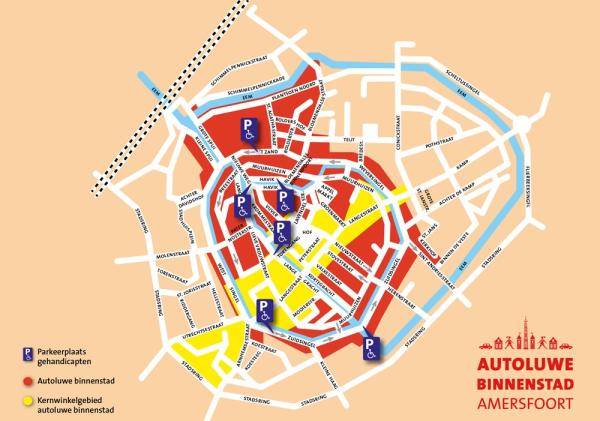 Plattegrond van het centrum van Amersfoort met daarop aangegeven de autoluwe gebieden