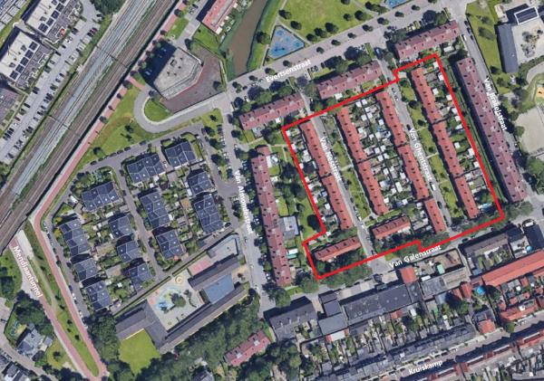 Luchtfoto met daarop in rood aangegeven Van Ghent- Van Nes- Van Galenstraat