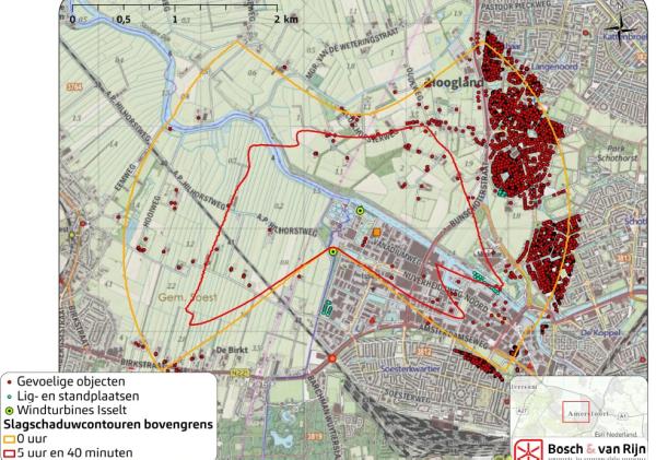 Kaartje met windmolens en slagschaduw 