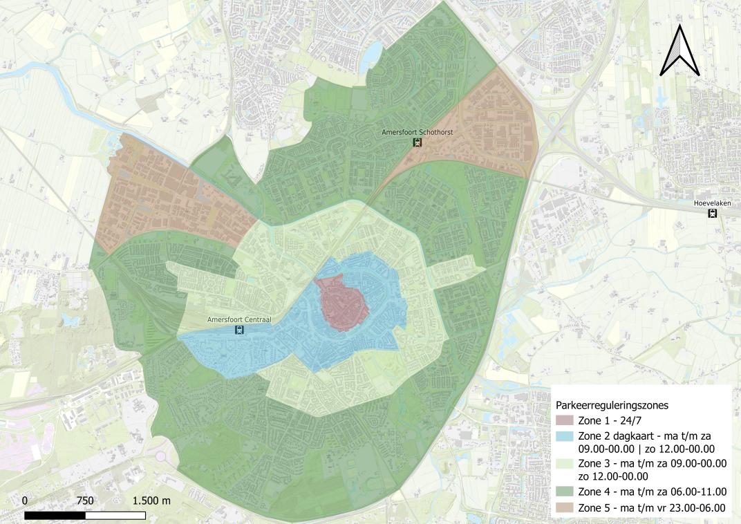 kaart van Gemeente Amersfoort met de indeling van de parkeerzones