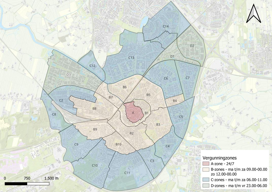 De kaart van Amersfoort met daarop de verdeling in zones voor de vergunningen met de dagen en de tijden